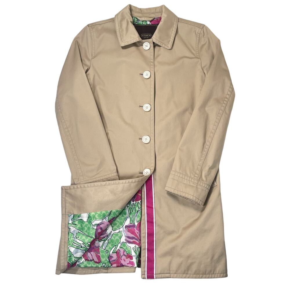 COACH Women's XS Khaki Trench Cotton Coat Floral Lined Classic